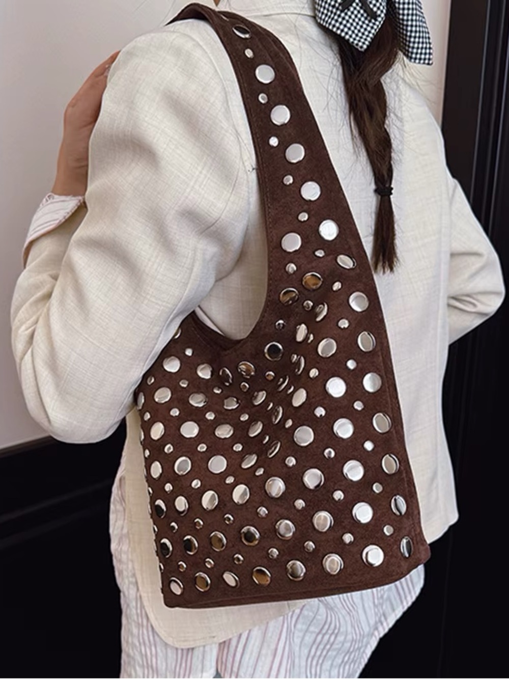 Brown suede leather bag with silver studs